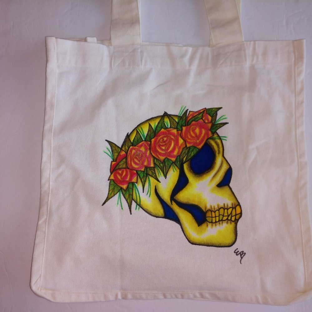 Hand-Painted Skull Tote Bag: Floral Rose Crown, Reusable Canvas - Picture 16 of 16